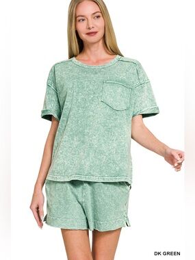 Zenana Snow Washed Top & Shorts Set Green Exposed Seam Lounge Set S M L🛍️